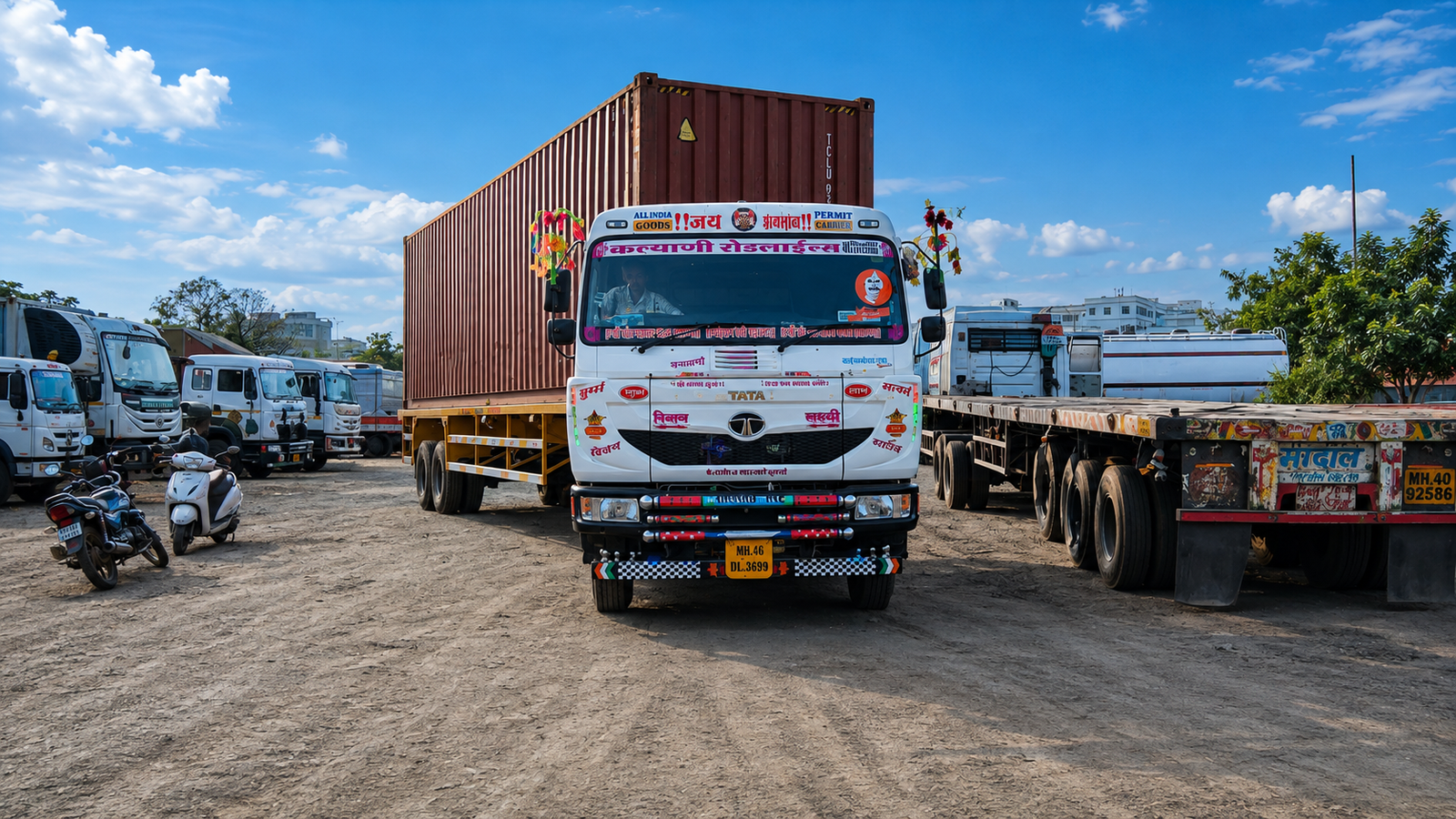 Brown container on a Kalyani Roadlines truck in a yard