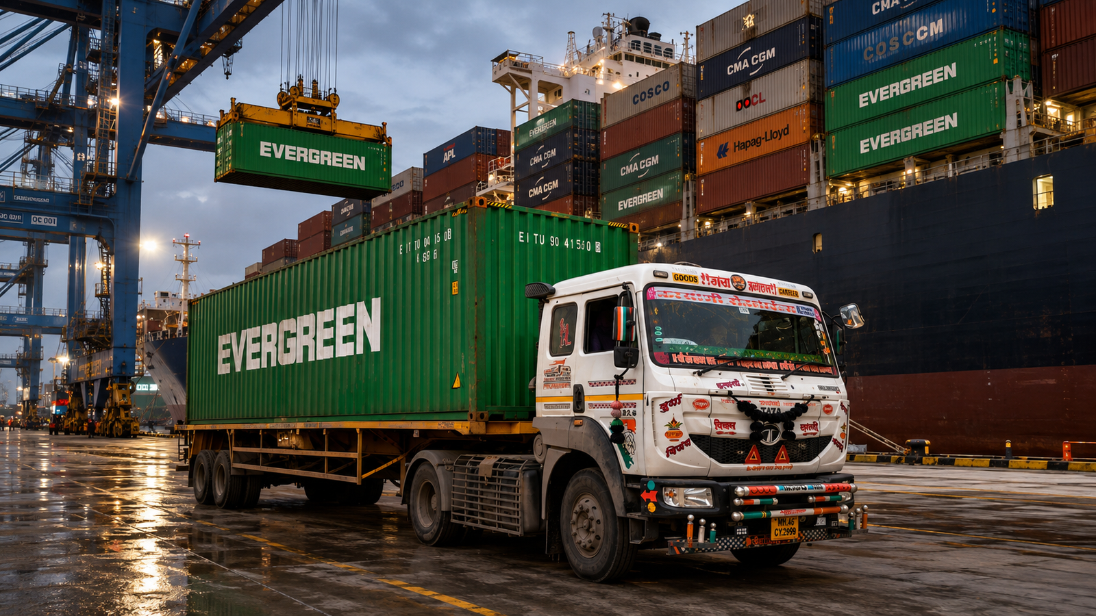 Kalyani Roadlines truck beside shipping containers at a port