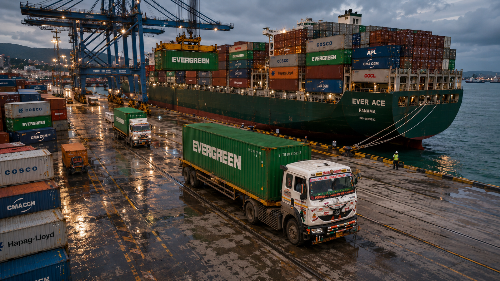 Kalyani Roadlines trucks at a container port beside a cargo ship