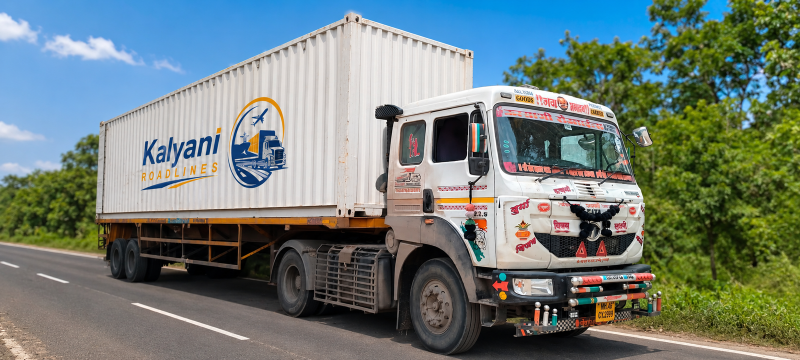 Kalyani Roadlines branded container truck on the highway