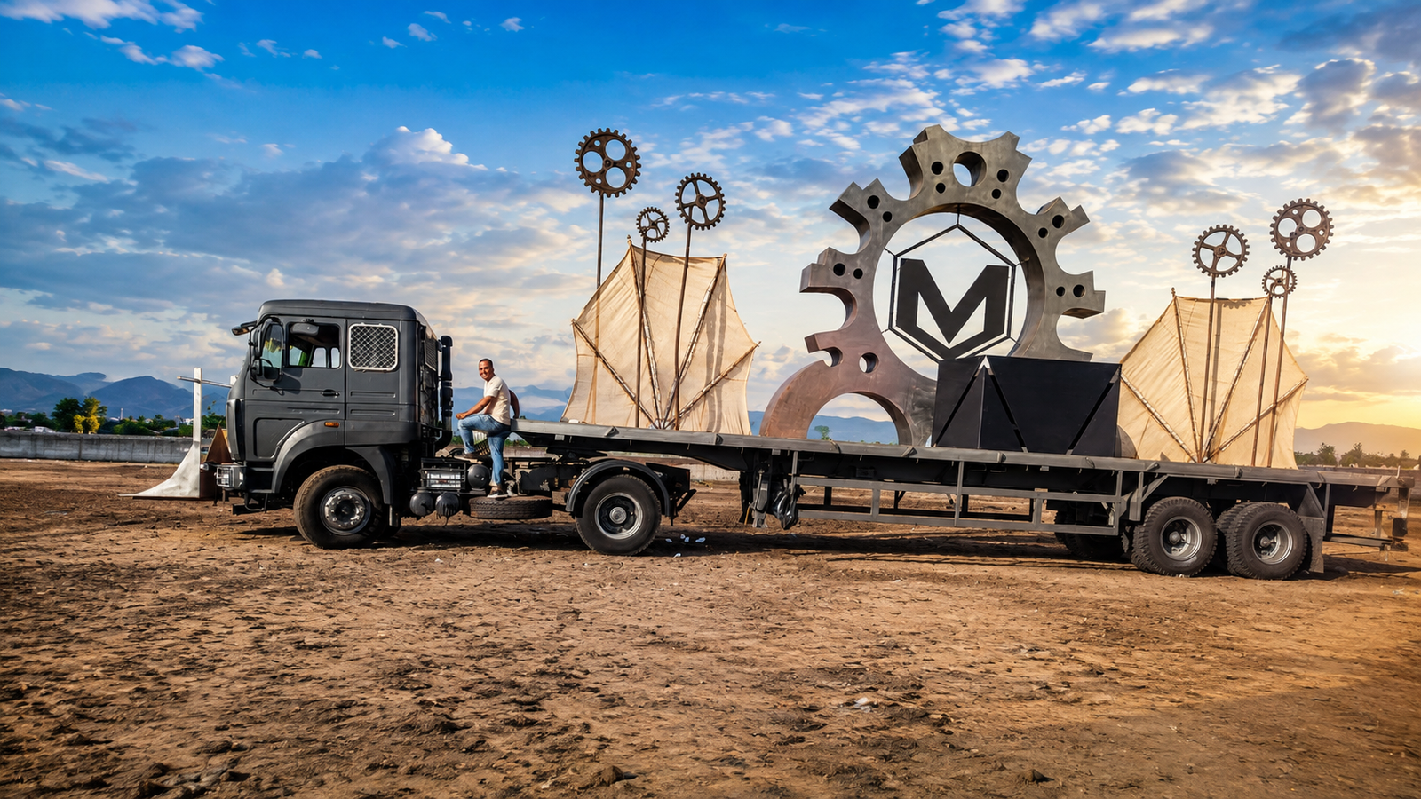 Flatbed truck in an open yard