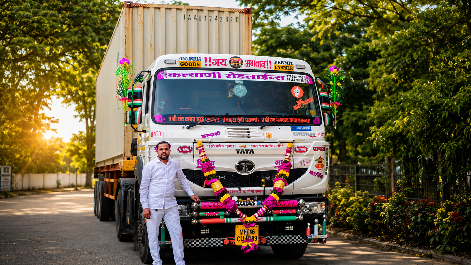 Krishna Sanap with a Kalyani Roadlines truck at sunset